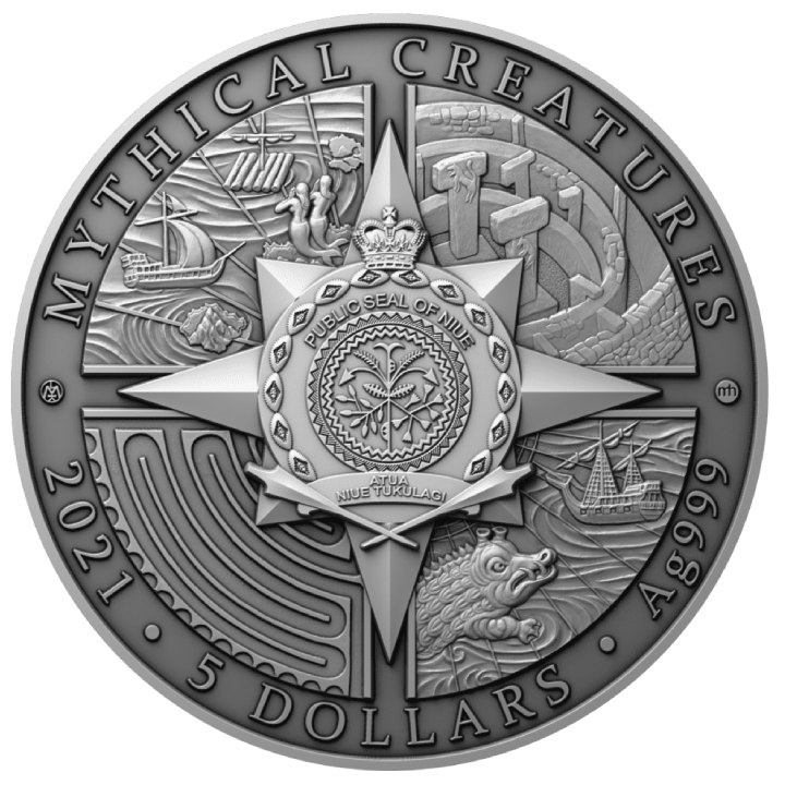 Niue: Mythical Creatures - Sea Monster Kraken coloured $5 Silver 2021 High Relief Antiqued Coin