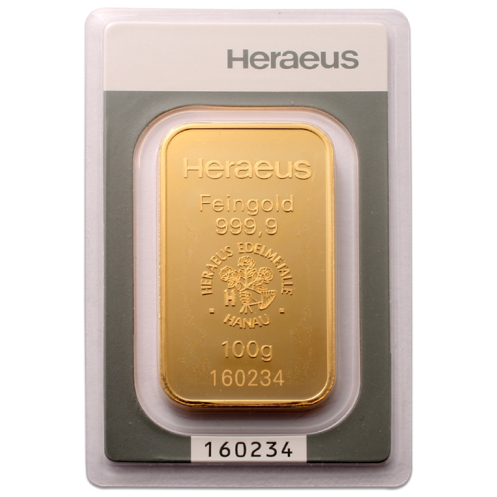 Slitka Heraeus 100 gramů zlata LBMA