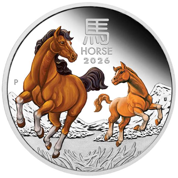 Perth Mint: Lunar III - Anno del cavallo colorato 1 oncia d'argento 2026 Proof