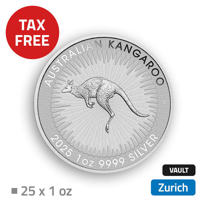 Australijski Kangur 25 uncji Srebra - przechowywane w bezcłowym magazynie w Zurichu (Brink's)