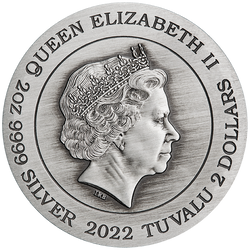 Tuvalu: Biały Tygrys kolorowany 2 uncje Srebra 2022 Antiqued Coin