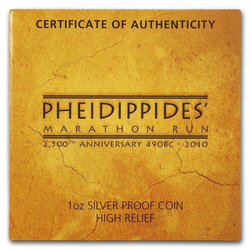 Pheidippidis' Marathon Run 1 oncia d'argento 2010 PROOF High Relief