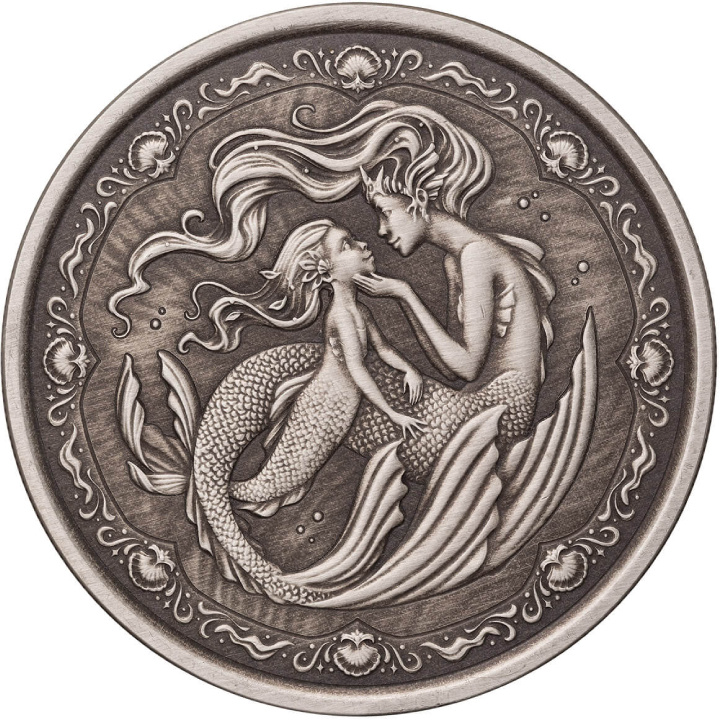 Samoa: Mermaid Mother & Daughter 1 uncja Srebra 2023 Antiqued Coin