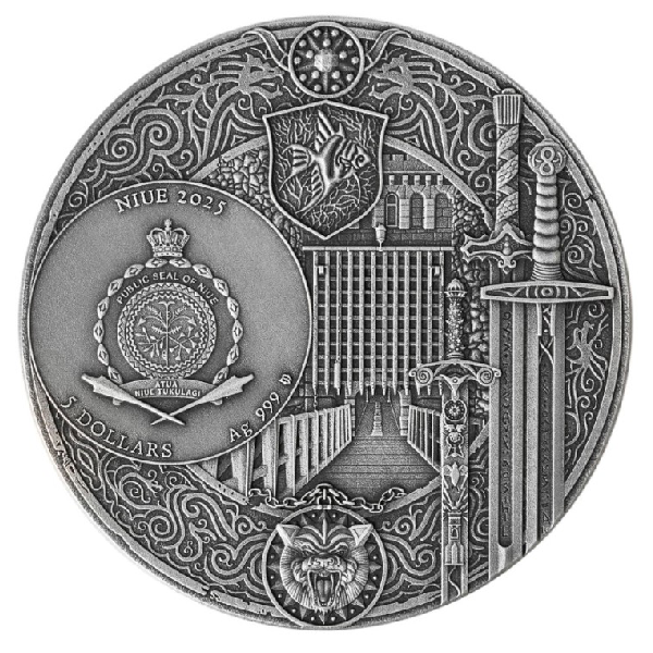 Niue: The Witcher Book Series - Sezon Burz kolorowany pozłacany 2 uncje Srebra 2025 High Relief Antiqued Coin
