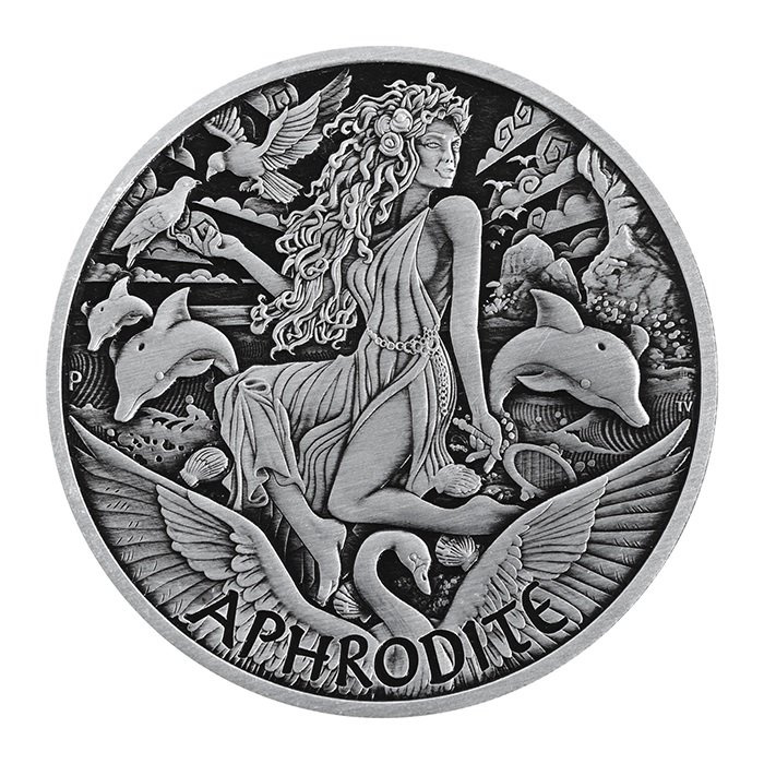 Tuvalu: Bohové Olympu – Afrodita 5 uncí stříbra 2022 Antiqued Coin