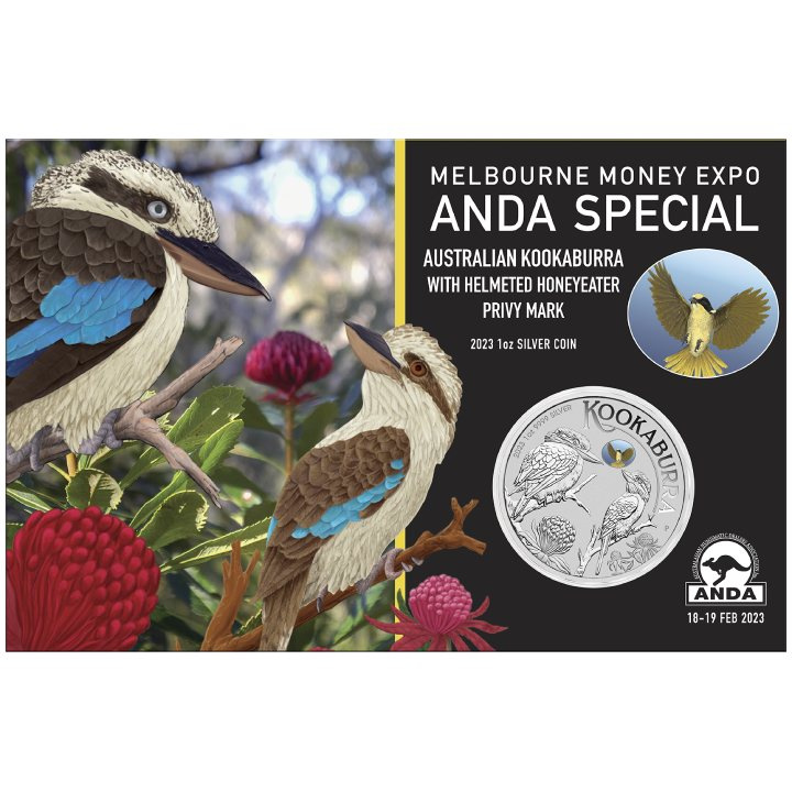 Kookaburra con Helmeted Honeyeater 1 oz Plata 2023 Privy Mark (Melbourne Money Expo Anda Special)