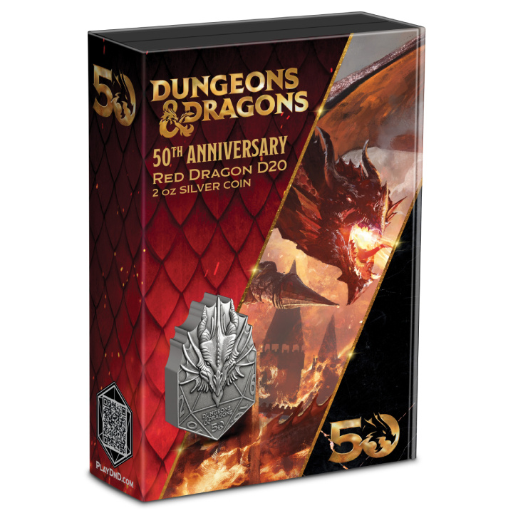 Niue: Dungeons & Dragons 50th Anniversary - Red Dragon D20 2 uncje Srebra 2024 Antiqued Coin