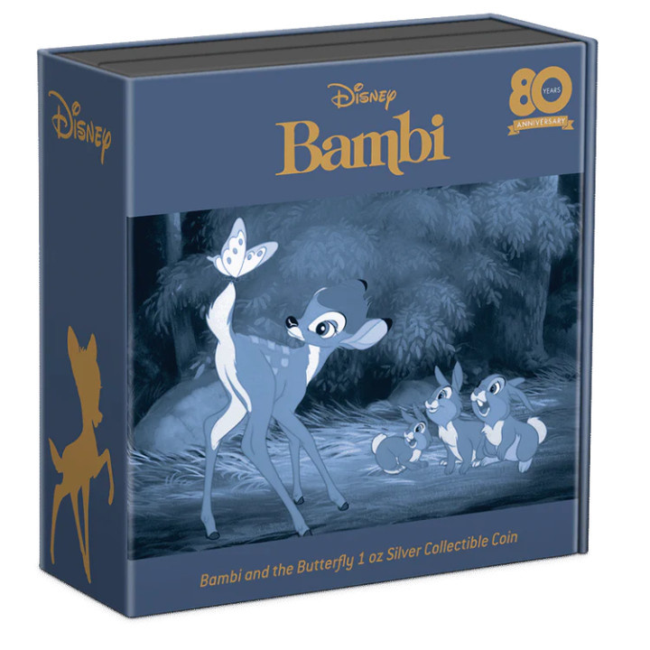 Niue: Disney - Bambi and Butterfly 80 rocznica filmu kolorowany 1 uncja Srebra 2022 Proof