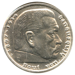 Německo, Třetí říše – Stříbrná mince 2 reichsmarky Paul von Hindenburg (se svastikou) 1936–1939