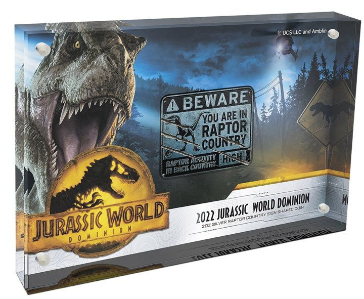 Niue: Jurassic World Dominion - Raptor Country kolorowany 2 oz Silver 2022 Sign Shaped Coin