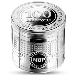 Stříbrná mince Nezávislá centrální banka - Zlaté rezervy NBP 100 zlotých stříbro 2026 Proof etue/složka (mince ve válcovém tvaru)