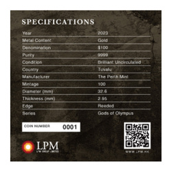 Tuvalu: Az Olümposz istenei - Apolló 1 uncia arany 2023