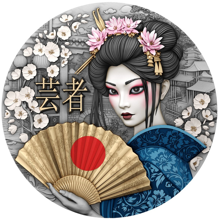 Niue: Geisha coloreada/chapada en oro 2 oz Plata 2025 Moneda con acabado antiguo