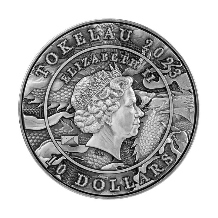 Tokelau: Auspicious Dragon Zodiac - Chinese Dragon & Rabbit 2 once d'argento 2023 High Relief Antiqued Coin