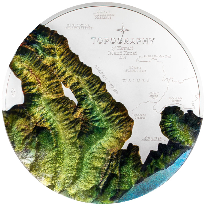 Cook Islands: Topography - Hawaii coloured 1000 gram Silver 2025 Proof