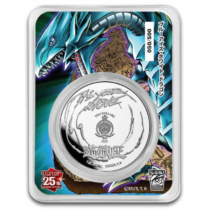 Niue: Yu-Gi-Oh! Blue-Eyes White Dragon kolorowany - 25. rocznica 1 uncja Srebra 2023 Slab