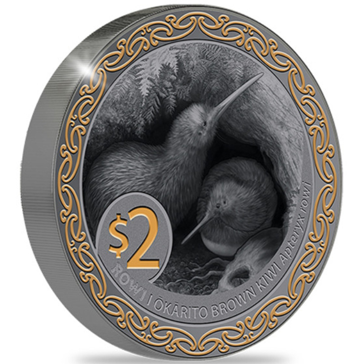 Kiwi Oro plateado 2 oz Plata 2025 Negro Proof Alto Relieve