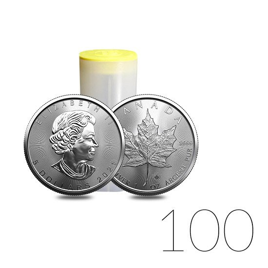 Hoja de Arce Canadiense 1 oz Plata 2021 PAQUETE DE 100 PAQUETES
