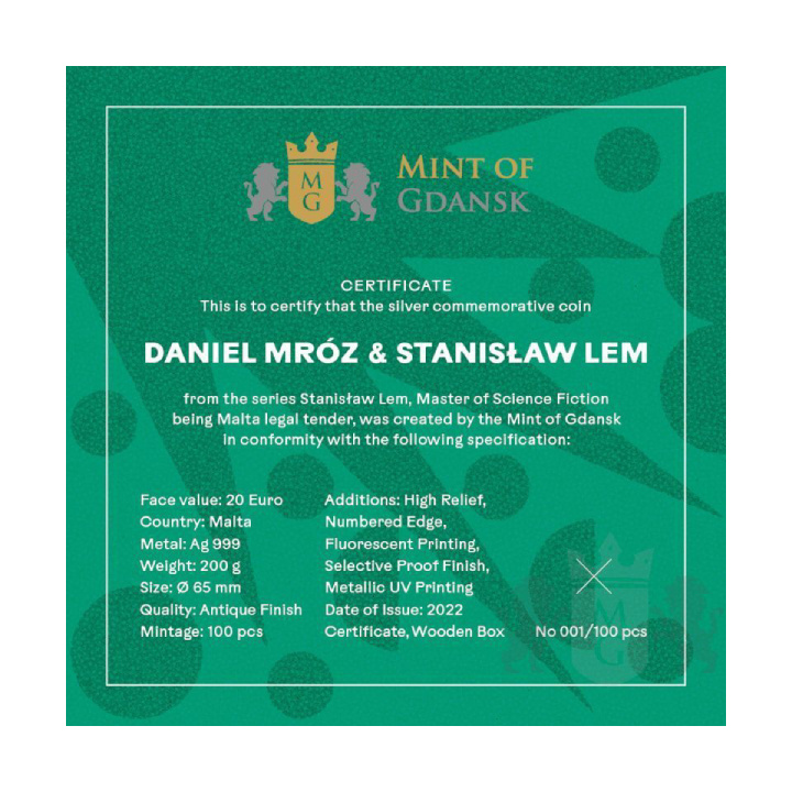 Málta: Daniel Mróz és Stanisław Lem színes 20 euró ezüst 2022 magas dombornyomott antik érmék