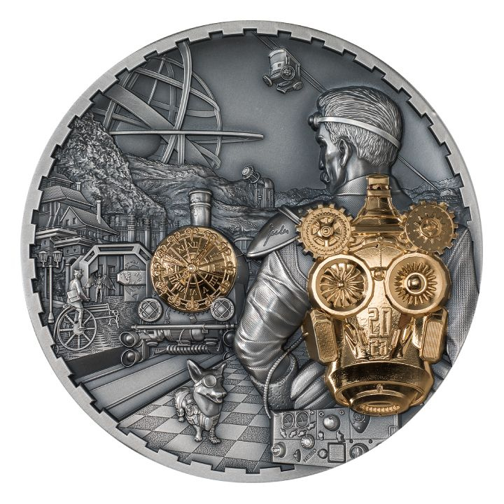 Cook Islands: Steampunk – Jet Pack pozłacany 1000 gramów Srebra 2023 Ultra High Relief Antiqued Coin