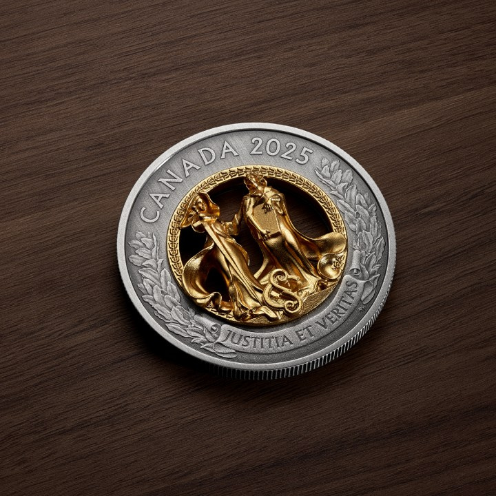 Canada: Allegories of Justice and Truth pozłacany $50 Srebro 2025 Antiqued Coin