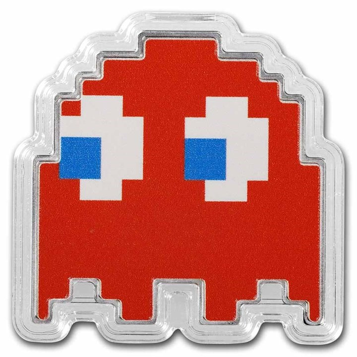 Niue: PAC-MAN GHOST „BLINKY“ barevný 1 unce stříbra 2022 Proof Shaped Coin