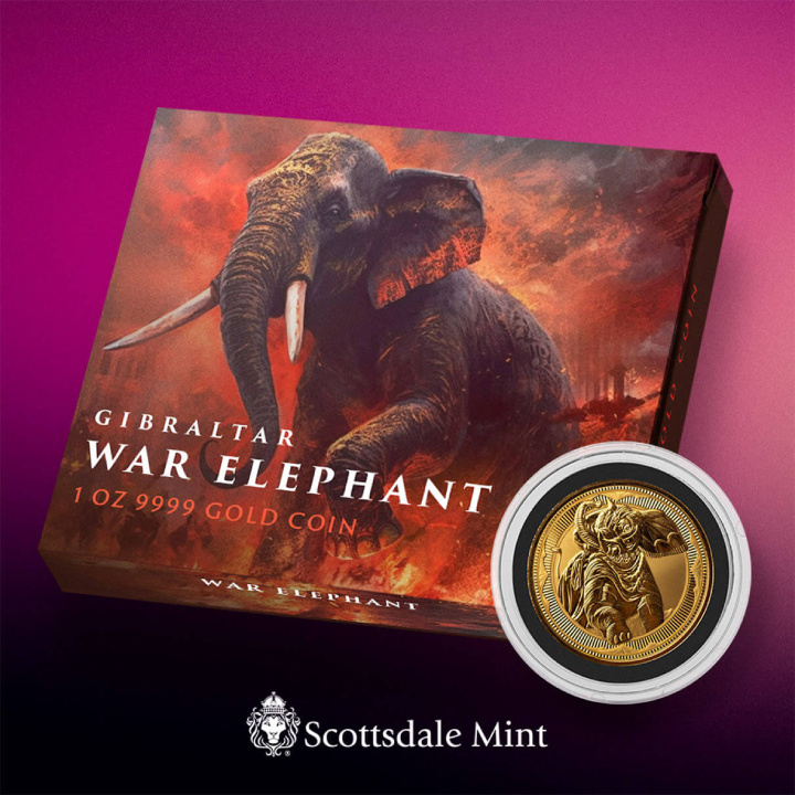 Gibilterra: War Elephant 1 oncia d'oro 2023 Proof