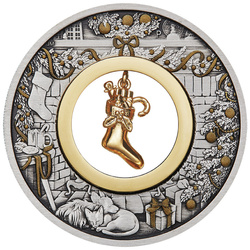 Tuvalu: The Night Before Christmas kolorowany, pozłacany 2 uncje Srebra 2023 Antiqued Coin