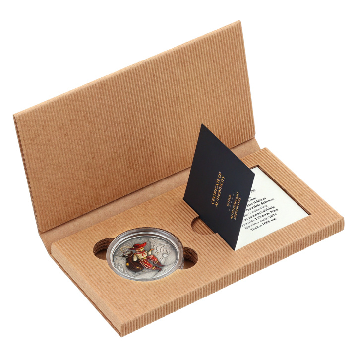 Niue: Fairy Tales - Kot w butach kolorowany $1 Srebro 2024 High Relief Antiqued Coin