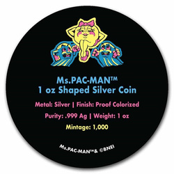 Niue: Ms.PAC-MAN kolorowany 1 uncja Srebra 2022 Proof Shaped Coin 