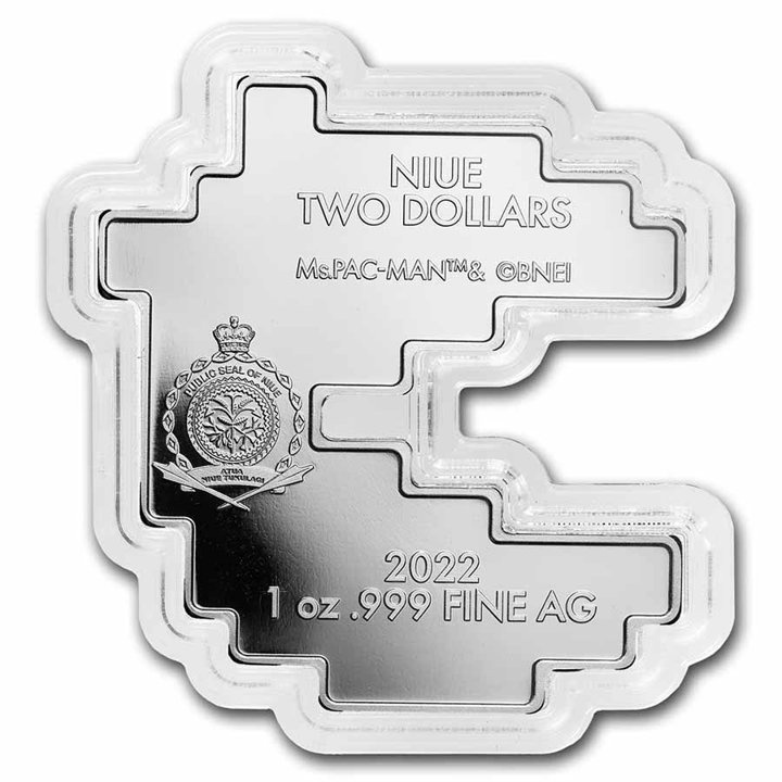 Niue: Ms.PAC-MAN barevná 1 unce stříbra 2022 Proof Shaped Coin