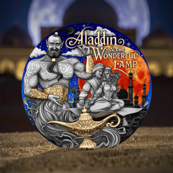 Niue: Aladdin & the Wonderful Lamp színezett/aranyozott 2 uncia ezüst 2025 antikolt érme
