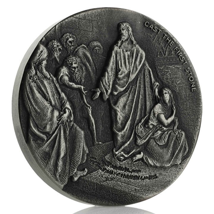 Niue: Biblical - Cast the First Stone 2 oz Silver 2019 Proof Antiqued Coin