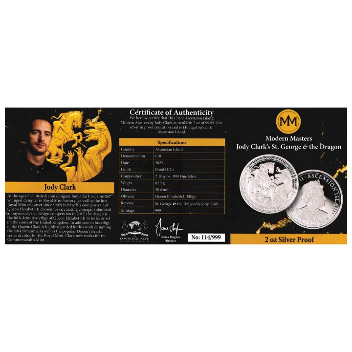 Ascension Island: Modern Masters - Jody Clark St. George and the Dragon 2 oz Silber 2022 Proof