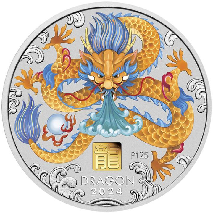 Perth Mint : Lunar III - Année du Dragon colorée 1000 grammes d'argent 2024 Gold Privy Mark