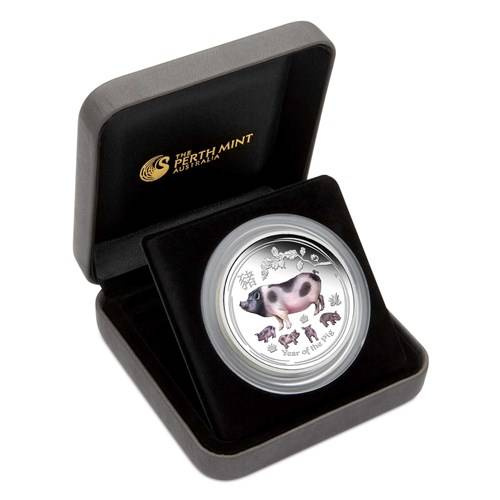 Lunar II: Rok Świni kolorowany 2 uncje Srebra 2019 Proof (Brisbane Money Expo)