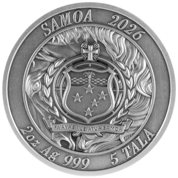 Samoa The Journeying Steed colorată 2 oz argint 2026 Antiqued