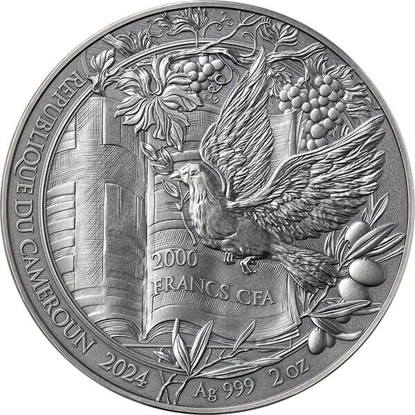 Kamerun: Bible Stories: Siedem Dni Stworzenia 2 uncje Srebra 2024 High Relief Antiqued Coin