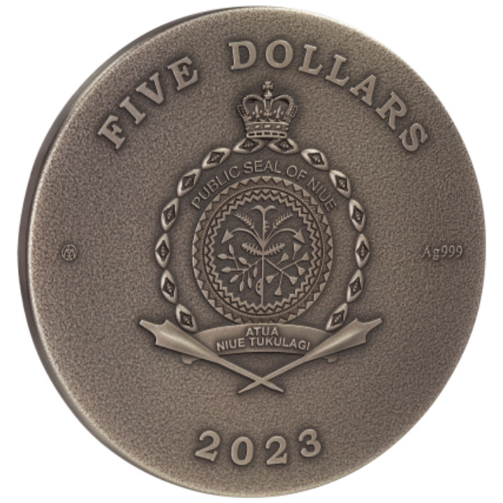 Niue: Tesoros perdidos - Búho dorado de color $5 Plata 2023 Moneda de alto relieve envejecida