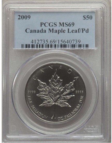 Feuille d'érable canadienne 1 once de palladium MS69 PCGS 2009