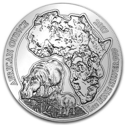 Ruanda: Onza Africana - Hipopótamo 1 oz Plata 2017