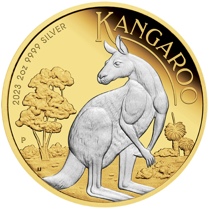 Canguro australiano bañado en oro 2 oz Plata 2023