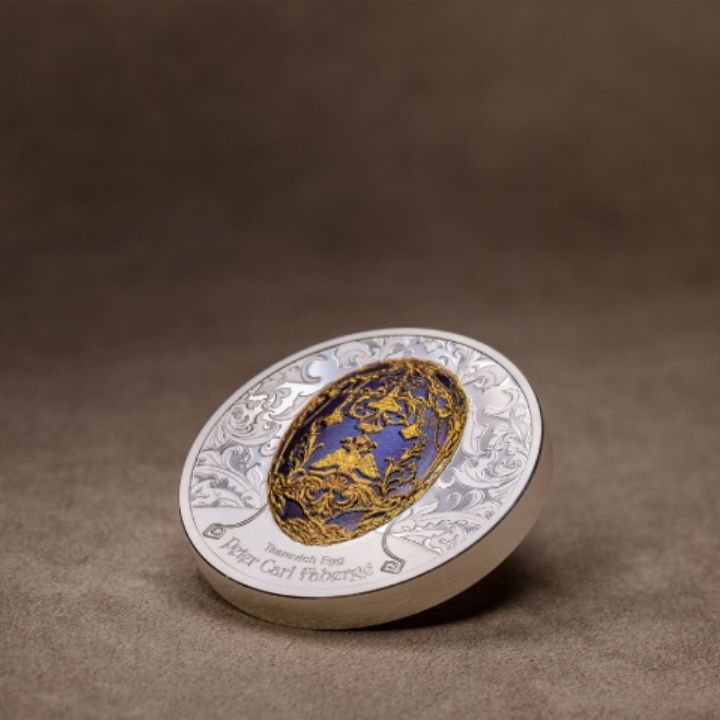 Mongolia: Peter Carl Fabergé – Tsarevich Egg kolorowany 2 uncje Srebra 2023 Proof High Relief
