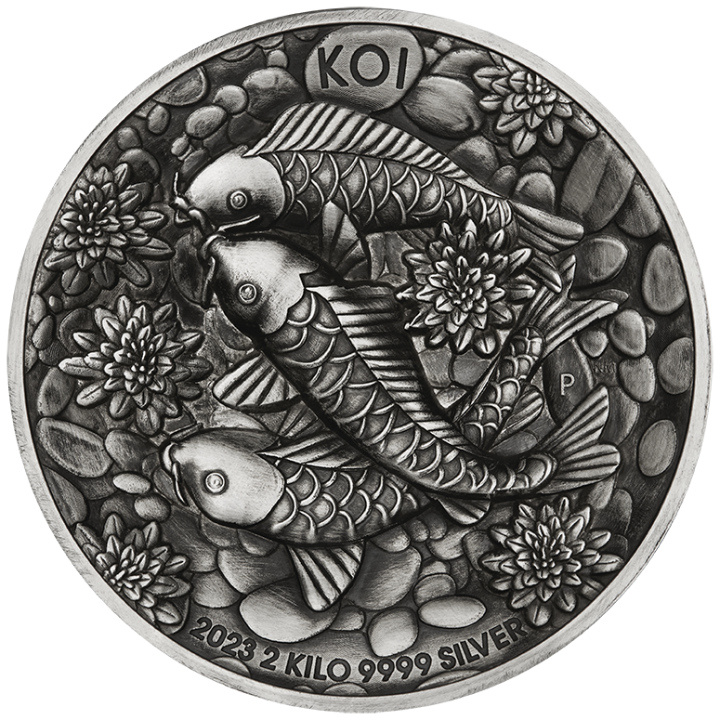 Koi Fish 2000 gramów Srebra 2023 High Relief Antiqued Coin