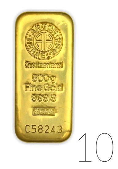 500 grammi Lingotto d'oro Aegor-Heraeus PACCHETTO DA 10 PEZZI