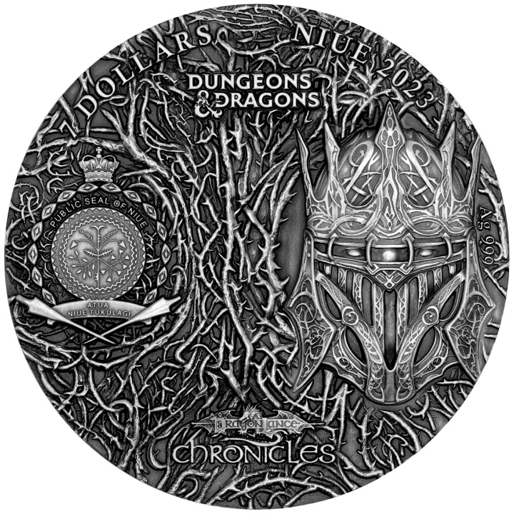 Niue: Dragonlance Chronicles - Dragons of Autumn Twilight kolorowany 3 uncje Srebra 2023 High Relief Antiqued Coin