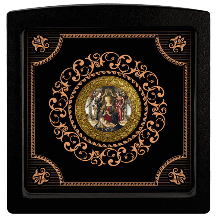 Cameroon: Master of Santo Spirito - Madonna and Child with Two Angels coloured Silver 2022 Gilded Proof Coin