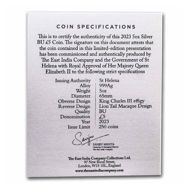 St Helena: Cash India Wildlife - Lion Tailed Macaque 5 uncji Srebra 2023