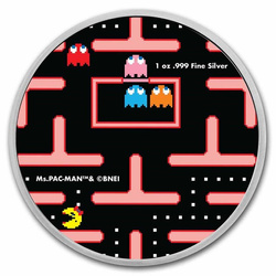Ms.PAC-MAN Dual Mazes kolorowany 1 uncja Srebra Slab