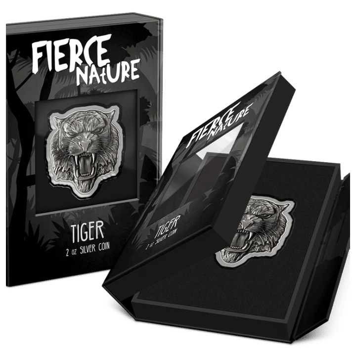 Niue: Naturaleza Feroz - Tigre 2 oz Plata 2022 Acabado Antiguo